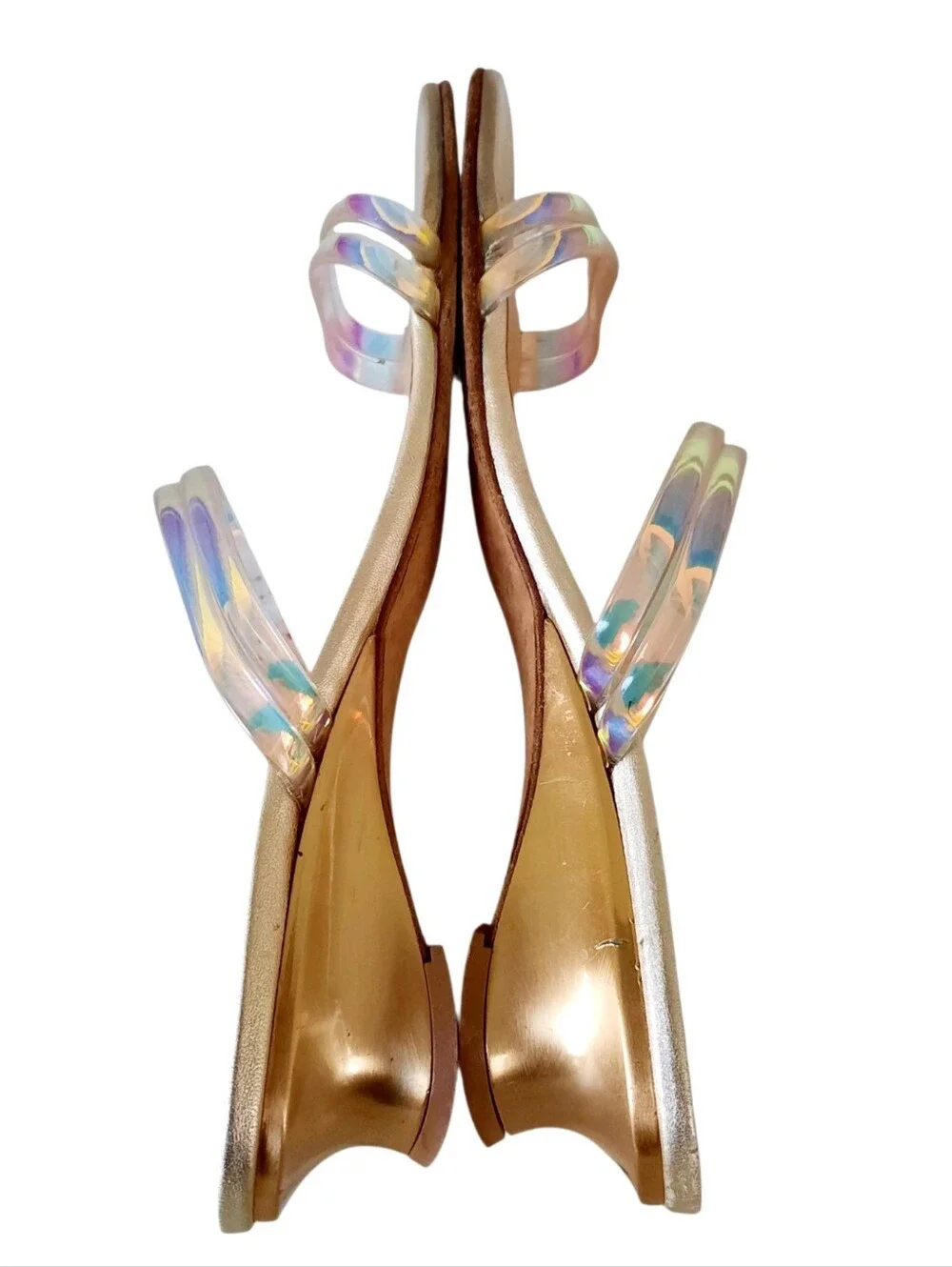 STUART WEITZMAN Y2K Iridescent PVC Strappy Slide Sandals w/Gold Low Wedge 8.5M